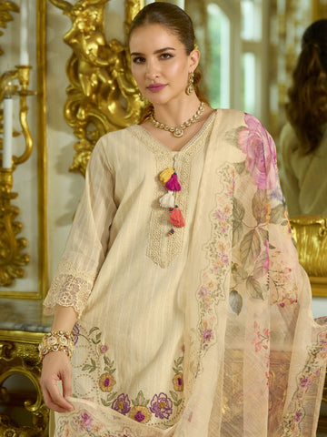 Varanga Women-Floral Motif Thread Embroidered Schiffli & Orangza Lace Detailed Kurta With Trouser & Dupatta